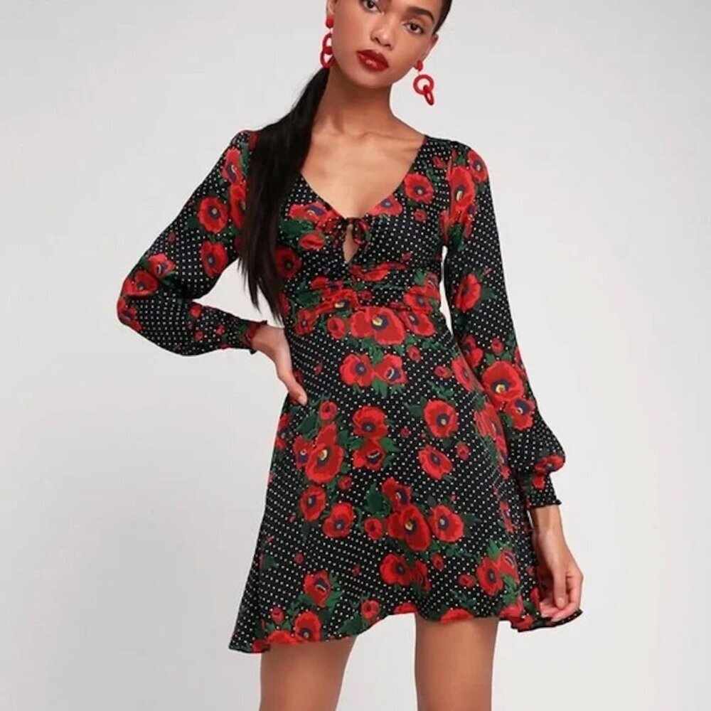 FREE PEOPLE Morning Light Midi Dress in Black Poppy Floral/Polka Dot